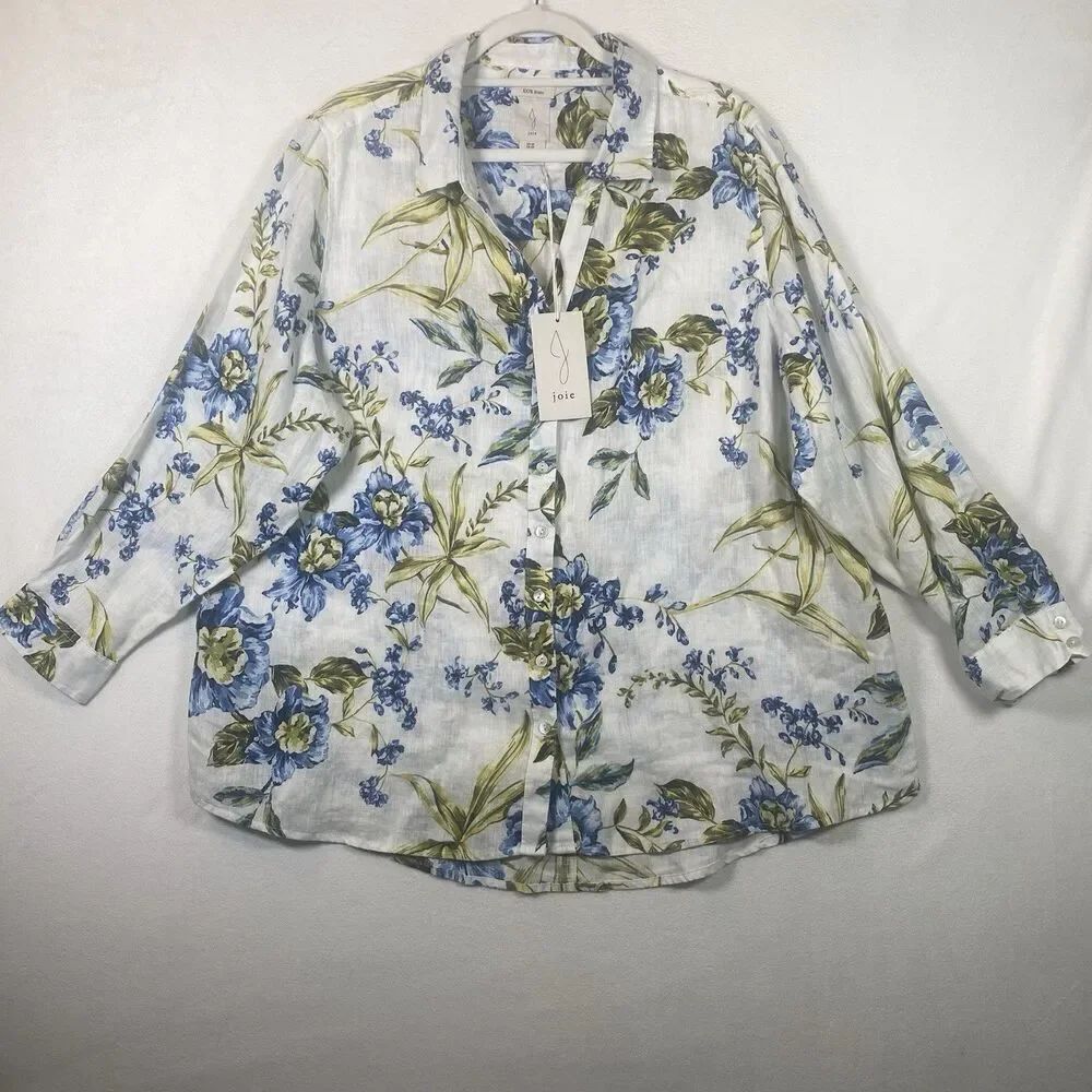 Joie Women’s 2X Linen Button Down Blouse NWT Floral Print Tab Sleeve